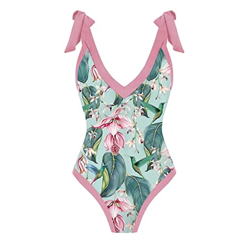 Damen Badeanzug Einteilige Monokini Raffung Bauchweg V-Ausschnitt Rückenfrei Schwimmanzug Bademode Blumen Gedruckt Figurformende Badeanzüge Sexy Push Up Sport Swimsuit Strandmode Sommer Rosa XL von FYMNSI