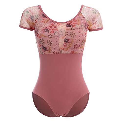 Damen Ballettanzug Ballettbody Sport Yoga Tanz Body Gymnastikanzug Trikot Kurzarm Bodysuit Blumenmuster Einteiler Mesh Turnanzug Gepolstert Rückenfrei Leotards Ballett Bekleidung Staubige Rosa 2XL von FYMNSI