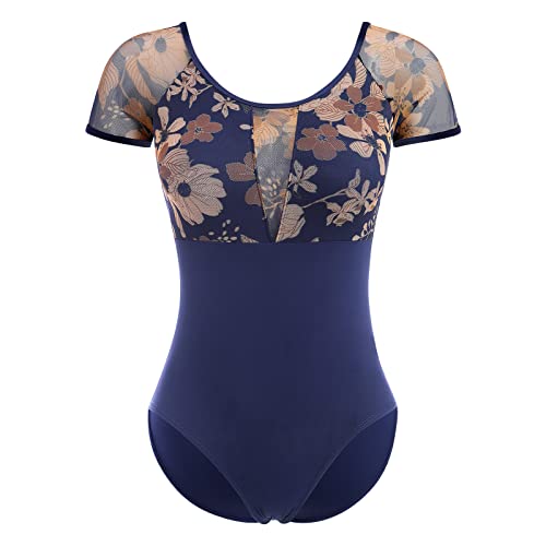 Damen Ballettanzug Ballettbody Sport Yoga Tanz Body Gymnastikanzug Trikot Kurzarm Bodysuit Blumenmuster Einteiler Mesh Turnanzug Gepolstert Rückenfrei Leotards Overall Ballett Bekleidung Dunkelblau L von FYMNSI