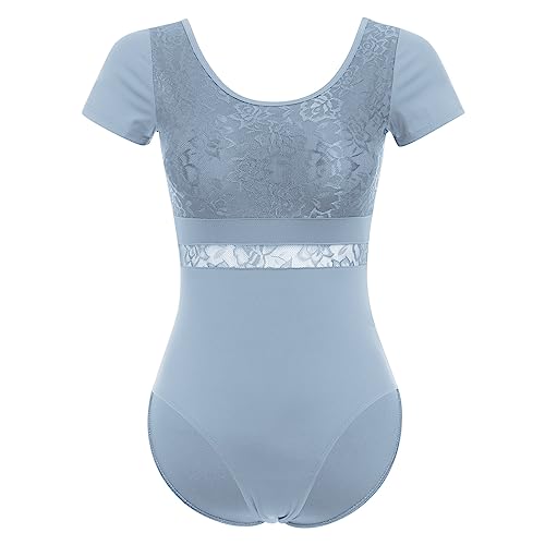 Damen Ballettanzug Ballettbody Sport Yoga Tanz Body Gymnastikanzug Trikot Kurzarm Bodysuit Spitze Einteiler Turnanzug Leotards Overall Oberteile Tops Elegant Ballett Bekleidung Staubiges Blau L von FYMNSI