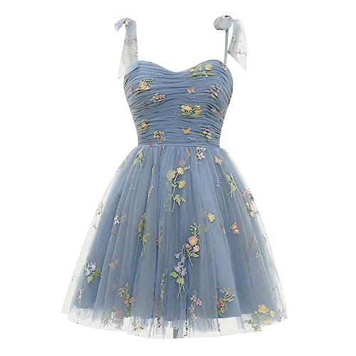 Damen Blumen Stickerei Tüllkleid Träger Prinzessin Geburtstag Partykleid Abschlussball Kleider Hochzeit Brautjungfernkleider Ballkleider Jugendweihe Sommerkleid Abendkleid Cocktailkleid Dunkelblau S von FYMNSI