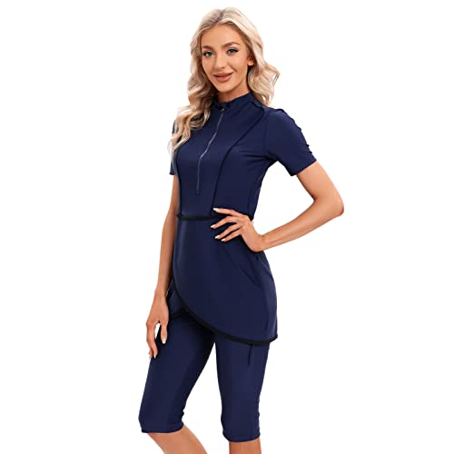Damen Burkini Muslimische Badebekleidung Ganzkörper Bescheidener Badeanzug Modest Muslim Swimwear Reißverschluss Kurzarm Schwimmoberteile Schwimmhose Hut Set Surfanzug Schwimmanzug Marineblau XL von FYMNSI