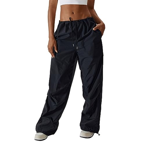 Damen Cargo Hose Cargohose Baggy Hose y2k Track Pants Niedrige Taille Locker Lange Hosen Streatwear mit Taschen Tunnelzug Elastischer Bund Jogginghose Parachute Freizeithose Arbeitshose Schwarz L von FYMNSI