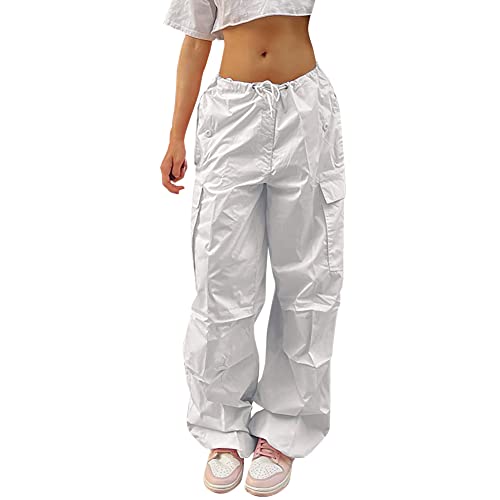 Damen Cargo Hose Cargohose Baggy Hose y2k Track Pants Niedrige Taille Locker Lange Hosen Streatwear mit Taschen Tunnelzug Elastischer Bund Jogginghose Parachute Freizeithose Arbeitshose Wei? XS von FYMNSI