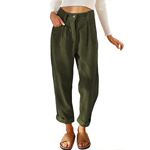 Damen Cordhose L?ssig Cord Hosen F?r Frauen Hohe Taille Lange Gerade Bein Baggy Hosen Mit Taschen B?ro Arbeit Casual Knopfleiste Rei?verschluss Einfarbig Lockere Vintage Freizeithose Armee Gr?n XL von FYMNSI