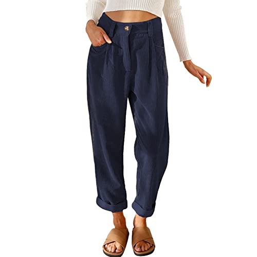 Damen Cordhose L?ssig Cord Hosen F?r Frauen Hohe Taille Lange Gerade Bein Baggy Hosen Mit Taschen B?ro Arbeit Casual Knopfleiste Rei?verschluss Einfarbig Lockere Vintage Freizeithose Dunkelblau XL von FYMNSI