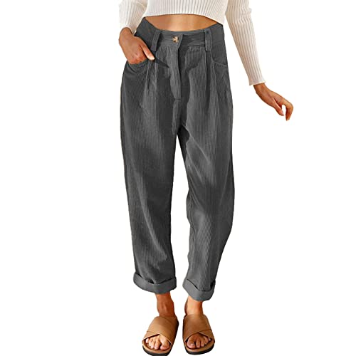 Damen Cordhose L?ssig Cord Hosen F?r Frauen Hohe Taille Lange Gerade Bein Baggy Hosen Mit Taschen B?ro Arbeit Casual Knopfleiste Rei?verschluss Einfarbig Lockere Vintage Freizeithose Dunkelgrau XL von FYMNSI