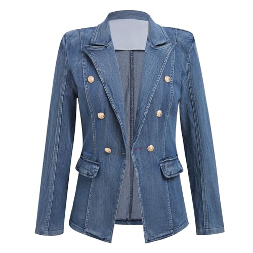 Damen Denim Blazer Jeansjacke Lange Ärmel Jacken Reverskragen Knopfleiste Kurz Mantel mit Taschen Herbst Frühling Oberteile Business Anzugjacke Arbeitsblazer Herbstjacke Sakko Kurzblazer Dunkelblau S von FYMNSI