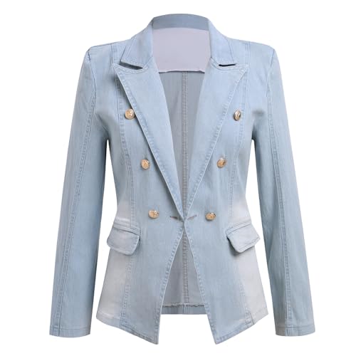 Damen Denim Blazer Jeansjacke Lange Ärmel Jacken Reverskragen Knopfleiste Kurz Mantel mit Taschen Herbst Frühling Oberteile Business Anzugjacke Arbeitsblazer Herbstjacke Sakko Kurzblazer Hellblau XL von FYMNSI