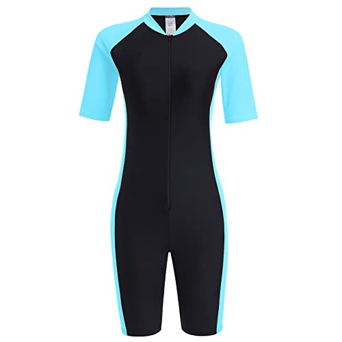 Damen Einteiler Badeanzug Rashguard Surfanzug mit Bein Reißverschluss UPF 50+ Bademode Surfen Schwimmanzug Neoprenanzug Gebaut in BH Bauchweg Sportlich Sonnenschutz Badebekleidung Schwarz + Blau L von FYMNSI