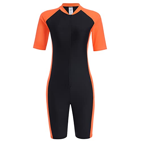 Damen Einteiler Badeanzug Rashguard Surfanzug mit Bein Reißverschluss UPF 50+ Bademode Surfen Schwimmanzug Neoprenanzug Gebaut in BH Bauchweg Sportlich Sonnenschutz Badebekleidung Schwarz + Orange S von FYMNSI