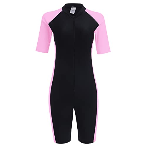 Damen Einteiler Badeanzug Rashguard Surfanzug mit Bein Reißverschluss UPF 50+ Bademode Surfen Schwimmanzug Neoprenanzug Gebaut in BH Bauchweg Sportlich Sonnenschutz Badebekleidung Schwarz + Rosa S von FYMNSI