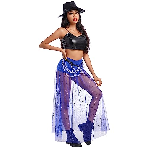 Damen Festival Glitzer Rock Rave Outfit 2 in 1 Transparent Mesh Rock Mit Hose Drunter High Waist T?llrock Lang Maxirock Hosenrock Strandrock Musikfestivals Party Streetwear Clubwear K?nigsblau L von FYMNSI