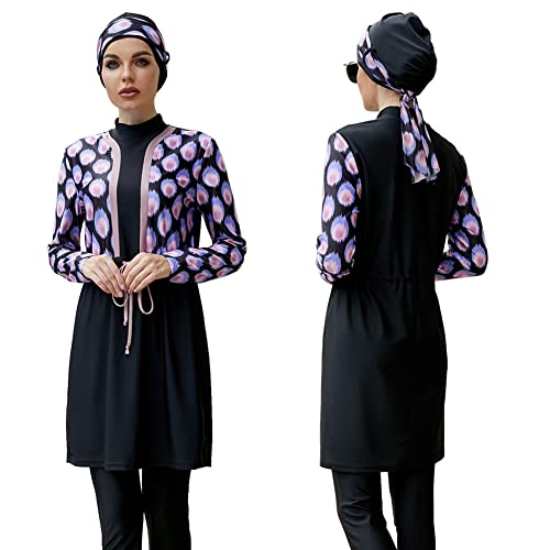 Damen Ganzkörper Badeanzüge Muslimische Bademode Badeanzug Full Cover Bescheidene Badebekleidung Modest Muslim Swimwear Beachwear Burkini Langarm Tops Hose Hijab Kopftuch 3er Set Schwarz + Lila L von FYMNSI