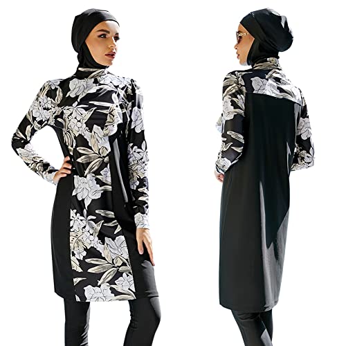 Damen Ganzkörper Badeanzüge Muslimische Bademode Badeanzug Full Cover Bescheidene Badebekleidung Modest Muslim Swimwear Beachwear Burkini Langarm Tops Hose Hijab Kopftuch 3er Set Schwarz Blumen XL von FYMNSI