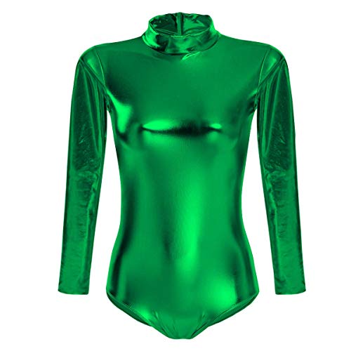 Damen Glänzende Ballettanzug Ballettbody Sport Tanz Body Gymnastikanzug Trikot Langarm Bodysuit Metallic Wetlook Einteiler Turnanzug Leotards Overall Lack Leder Oberteile Top Kostüm Dunkelgrün 2XL von FYMNSI