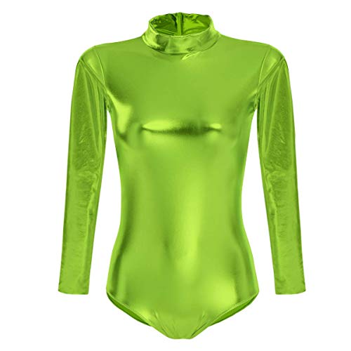 Damen Glänzende Ballettanzug Ballettbody Sport Tanz Body Gymnastikanzug Trikot Langarm Bodysuit Metallic Wetlook Einteiler Turnanzug Leotards Overall Lack Leder Oberteile Top Kostüm Hellgrün XS von FYMNSI