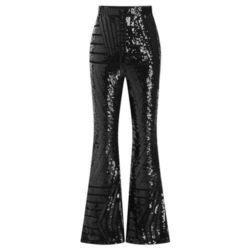 Damen Glitzer Pailletten Schlaghose High Waist Weites Bein Hose Elastische Taille Leggings Hippie 70er 80er Jahre Mottoparty Disco Rave Tanz Outfit Karneval Fasching Halloween Kost�m Schwarz XXL von FYMNSI