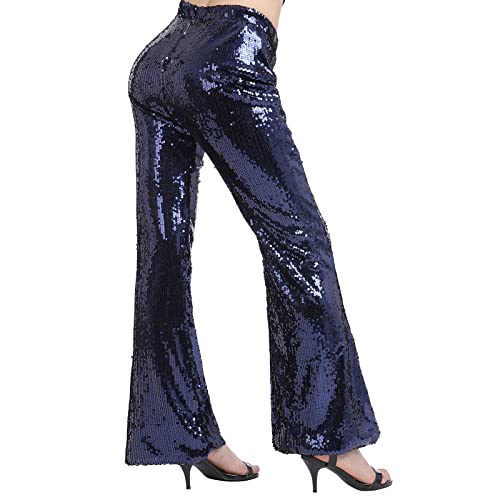 Damen Glitzer Pailletten Schlaghose High Waist Weites Bein Hose Legins Cargohose Hippie 70er 80er 90er Jahre Kost?m Mottoparty Disco Rave Tanz Outfit Clubwear Karneval Fasching Halloween Dunkelblau L von FYMNSI