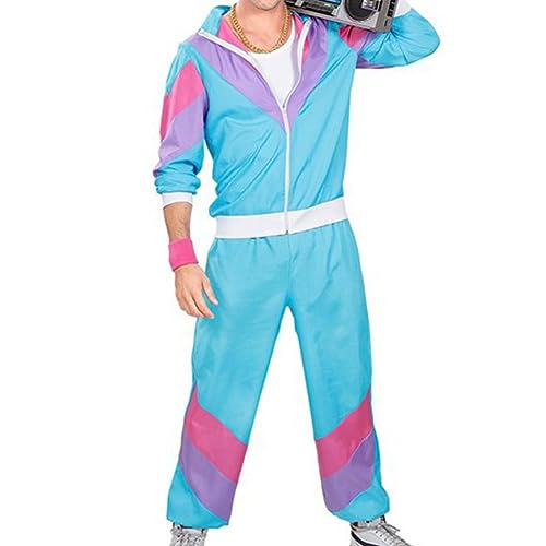 Damen Herren 80er 90er Jahre Outfit Trainingsanzug Retro Jogginganzug Faschingskost?m Bad Taste Outfit Disco Halloween Mottoparty Karneval Cosplay Streatwear Bunt Sportanzug Assianzug Blau+Violett XXL von FYMNSI