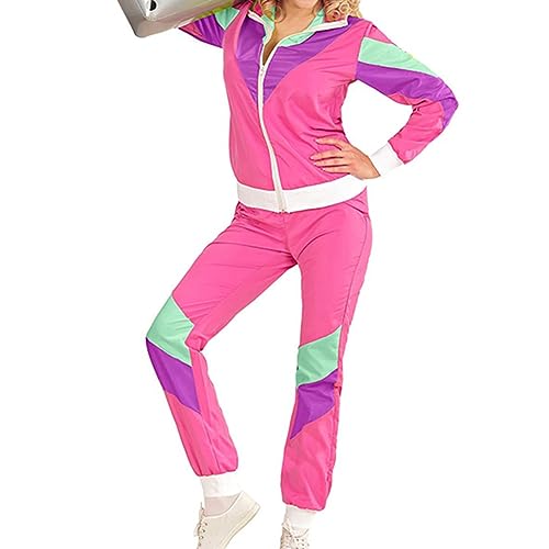 Damen Herren 80er 90er Jahre Outfit Trainingsanzug Retro Jogginganzug Faschingskost?m Bad Taste Outfit Disco Halloween Mottoparty Karneval Cosplay Streatwear Bunt Sportanzug Assianzug Rose +Violett M von FYMNSI