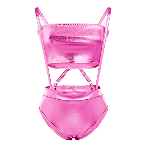 Damen Holografisches Metallic Glänzendes Schulterfreies Crop Top Bustier Tube Top Bluse Rave Causal Trägerlos Basic Sexy Weste, Pink, Mittel von FYMNSI