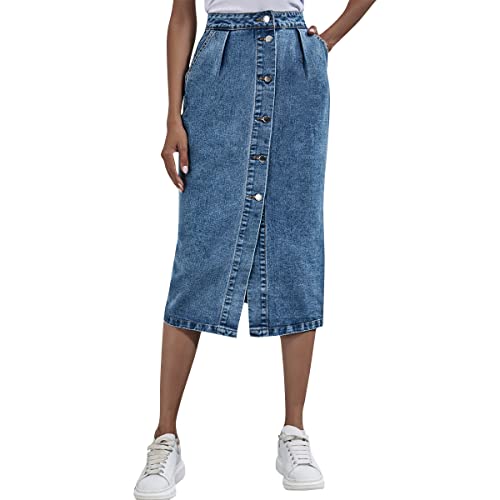 Damen Jeansrock mit Schlitz Midi Long Jeans Rock Sommerrock Vintage Denim Röck High Waist Seitenschlitz Midirock Hohe Taille Bleistiftrock mit Knöpfen Lässig Maxirock Schlauchrock Blau L von FYMNSI