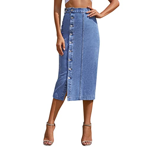 Damen Jeansrock mit Schlitz Midi Long Jeans Rock Sommerrock Vintage Denim Röck High Waist Seitenschlitz Midirock Hohe Taille Bleistiftrock mit Knöpfen Lässig Maxirock Schlauchrock Blau L von FYMNSI