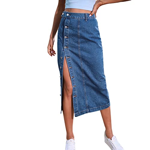 Damen Jeansrock mit Schlitz Midi Long Jeans Rock Sommerrock Vintage Denim Röck High Waist Seitenschlitz Midirock Hohe Taille Bleistiftrock mit Knöpfen Lässig Maxirock Schlauchrock Denim Blau M von FYMNSI