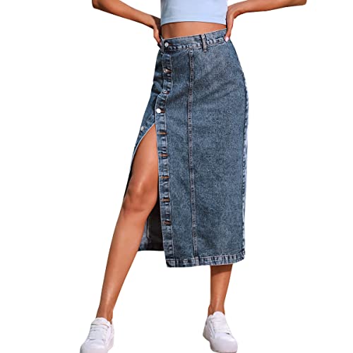 Damen Jeansrock mit Schlitz Midi Long Jeans Rock Sommerrock Vintage Denim Röck High Waist Seitenschlitz Midirock Hohe Taille Bleistiftrock mit Knöpfen Lässig Maxirock Schlauchrock Dunkelblau S von FYMNSI