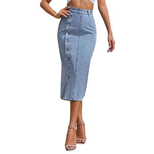 Damen Jeansrock mit Schlitz Midi Long Jeans Rock Sommerrock Vintage Denim Röck High Waist Seitenschlitz Midirock Hohe Taille Bleistiftrock mit Knöpfen Lässig Maxirock Schlauchrock Hellblau L von FYMNSI