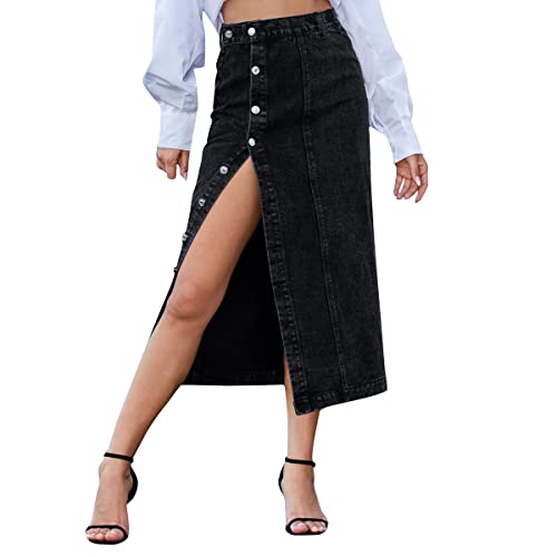 Damen Jeansrock mit Schlitz Midi Long Jeans Rock Sommerrock Vintage Denim Röck High Waist Seitenschlitz Midirock Hohe Taille Bleistiftrock mit Knöpfen Lässig Maxirock Schlauchrock Schwarz S von FYMNSI