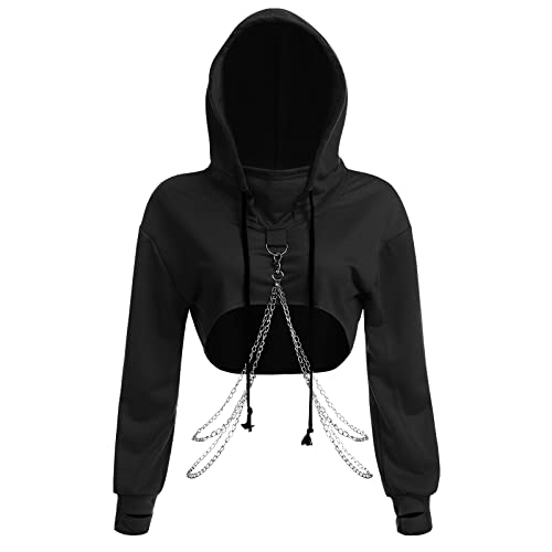 Damen Kapuzen Pullover Crop Top Gotik Punk Cropped Hoodies Sweatshirts Kurz Bauchfrei Kapuzenpullover Strickjacke Hooded mit Metall Kette Rave Festival Hip Hop Langarmshirts Oberteil Schwarz XXL von FYMNSI