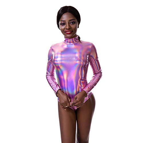 Damen Langarmbody Glänzende Ballettanzug Ballettbody Sport Tanz Body Gymnastikanzug Trikot Langarm Bodysuit Metallic Wetlook Einteiler Turnanzug Leotards Overall Lack Leder Oberteile Clubwear Rosa M von FYMNSI