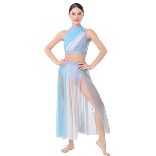 FYMNSI Damen Lyrisch Tanzkleid Ballettkleid Ärmellos Farbblock Crop Top Mit Rock 2tlg Tanz Outfit Tüll Langes Trikotkleid Maxikleid Modern Contemporary Tanzkostüme Turnanzug Bühnenanzug Blau L von FYMNSI