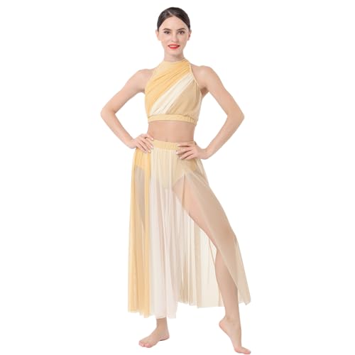 FYMNSI Damen Lyrisch Tanzkleid Ballettkleid Ärmellos Farbblock Crop Top Mit Rock 2tlg Tanz Outfit Tüll Langes Trikotkleid Maxikleid Modern Contemporary Tanzkostüme Turnanzug Bühnenanzug Champagner L von FYMNSI