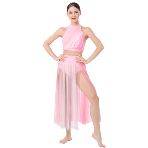 FYMNSI Damen Lyrisch Tanzkleid Ballettkleid Ärmellos Farbblock Crop Top Mit Rock 2tlg Tanz Outfit Tüll Langes Trikotkleid Maxikleid Modern Contemporary Tanzkostüme Turnanzug Bühnenanzug Rosa M von FYMNSI