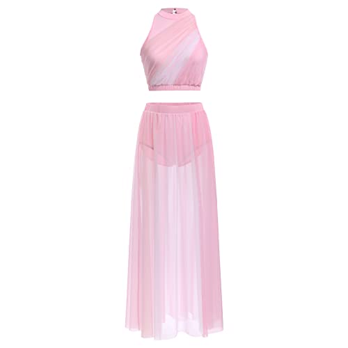 Damen Lyrisch Tanzkleid Ballettkleid Ärmellos Farbblock Crop Top Mit Rock Tanz Outfit Tüll Langes Trikotkleid Maxikleid Modern Contemporary Tanzkostüme Turnanzug Bühnenanzug Kostüm Rosa S von FYMNSI