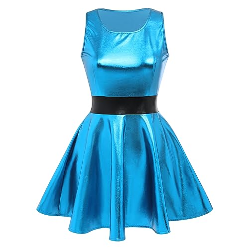 Damen Metallic ?rmellos Minikleid Holografisch Partykleid Gl?nzend Skater Festkleid Festival Rave Outfits Alien Kost?m Halloween Fasching Karneval Cosplay Roundhals Tanzkleid Clubwear Blau S von FYMNSI