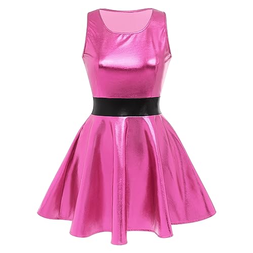 Damen Metallic ?rmellos Minikleid Holografisch Partykleid Gl?nzend Skater Festkleid Festival Rave Outfits Alien Kost?m Halloween Fasching Karneval Cosplay Roundhals Tanzkleid Clubwear Rose M von FYMNSI