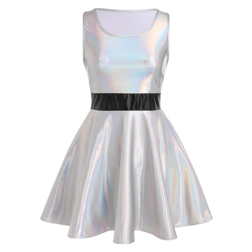 Damen Metallic ?rmellos Minikleid Holografisch Partykleid Gl?nzend Skater Festkleid Festival Rave Outfits Alien Kost?m Halloween Fasching Karneval Cosplay Roundhals Tanzkleid Clubwear Silber M von FYMNSI