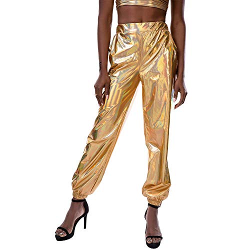 Damen Metallic Glänzed Hose Elastischer Bund Sporthose Locker Freizeit Casual Lang Hose Sweathose Jogginghose Leggins Einfarbig Wet Look Stretch Leggings Tanzhosen Party Disco Clubwear Gold 2XL von FYMNSI