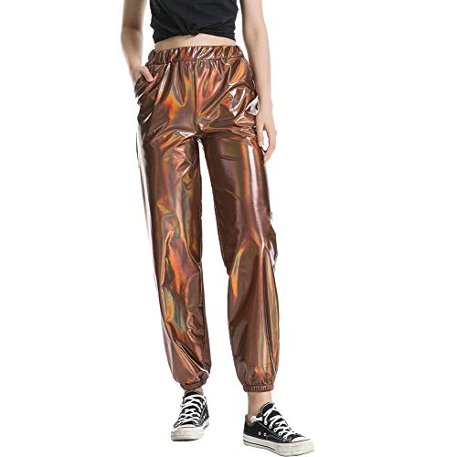 Damen Metallic Glänzed Hose Elastischer Bund Sporthose Locker Freizeit Casual Lang Hose Sweathose Jogginghose Leggins Einfarbig Wet Look Stretch Leggings Tanzhosen Party Disco Clubwear Kaffee 2XL von FYMNSI