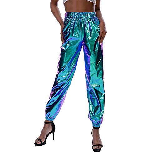 Damen Metallic Glänzed Hose Elastischer Bund Sporthose Locker Freizeit Casual Lang Hose Sweathose Jogginghose Leggins Einfarbig Wet Look Stretch Leggings Tanzhosen Party Disco Clubwear Laser Blau 2XL von FYMNSI