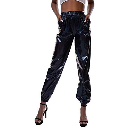 Damen Metallic Glänzed Hose Elastischer Bund Sporthose Locker Freizeit Casual Lang Hose Sweathose Jogginghose Leggins Einfarbig Wet Look Stretch Leggings Tanzhosen Party Disco Clubwear Schwarz S von FYMNSI