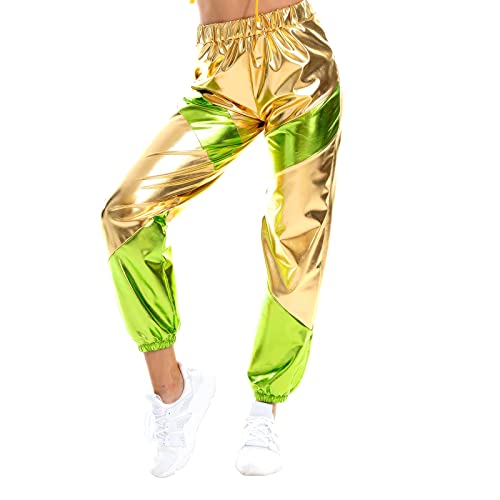 Damen Metallic Glänzed Hose Elastischer Sporthose Locker Holographische Sweathose Jogginghose Hologram Laser Baggyhose Disco Clubwear Hip Hop Punk Hosen Jogger Sweatpants Streetwear Gold + Grün M von FYMNSI