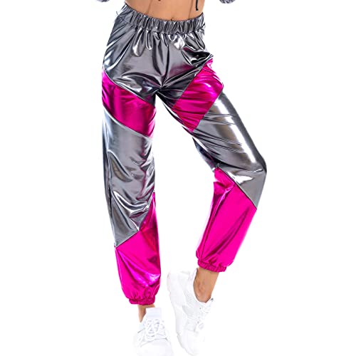 Damen Metallic Glänzed Hose Elastischer Sporthose Locker Holographische Sweathose Jogginghose Hologram Laser Baggyhose Disco Clubwear Hip Hop Punk Hosen Jogger Sweatpants Streetwear Grau + Rose L von FYMNSI