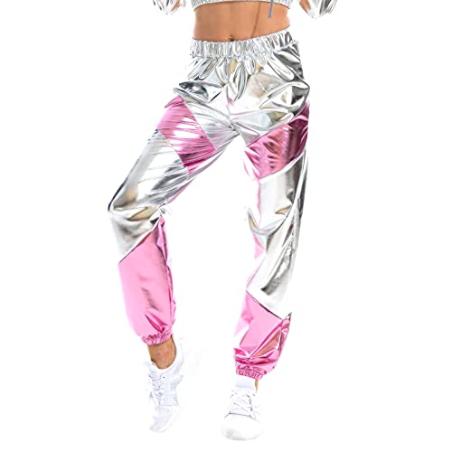 Damen Metallic Glänzed Hose Elastischer Sporthose Locker Holographische Sweathose Jogginghose Hologram Laser Baggyhose Disco Clubwear Hip Hop Punk Hosen Jogger Sweatpants Streetwear Silber + Rosa XXL von FYMNSI