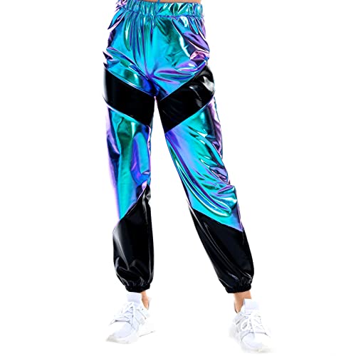 Damen Metallic Glänzed Hose Elastischer Sporthose Locker Holographische Sweathose Jogginghose Hologram Laser Baggyhose Disco Clubwear Hip Hop Punk Jogger Sweatpants Streetwear Laser Blau +Schwarz L von FYMNSI