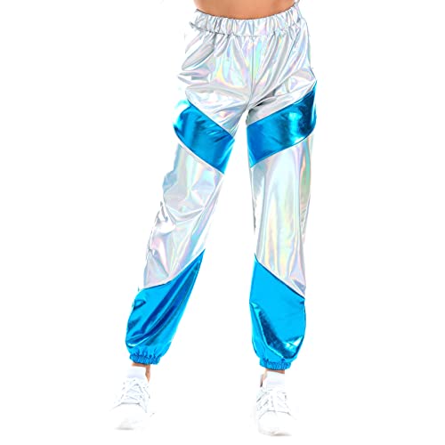 Damen Metallic Glänzed Hose Elastischer Sporthose Locker Holographische Sweathose Jogginghose Hologram Laser Baggyhose Disco Clubwear Hip Hop Punk Jogger Sweatpants Streetwear Laser Silber + Blau XXL von FYMNSI